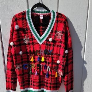 Christmas Ugly Sweater Holiday Time Red Plaid V-Neck .